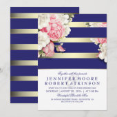  Floral Navy en Gold Stripes Wedding Kaart (Voorkant / Achterkant)