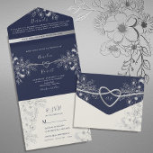 Floral Navy en Silver Wedding All In One Uitnodiging