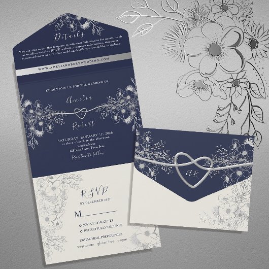  Floral Navy en Silver Wedding All In One Uitnodiging