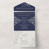  Floral Navy en Silver Wedding All In One Uitnodiging (Binnen)