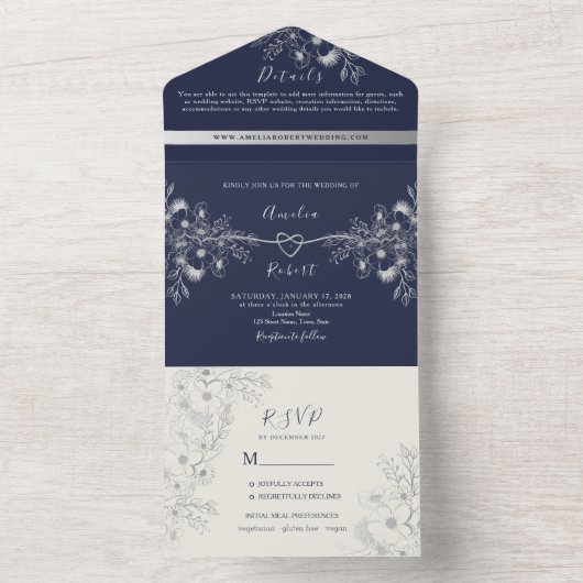Floral Navy en Silver Wedding All In One Uitnodiging (Binnen)