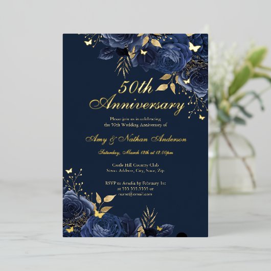 Floral Navy Gold 50ste bruiloft Jubileum Folie Uitnodiging (Staand Voorkant)
