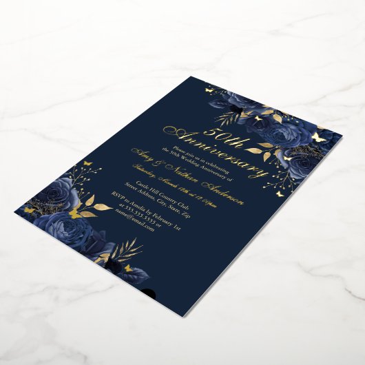Floral Navy Gold 50ste bruiloft Jubileum Folie Uitnodiging (Gedraaid)