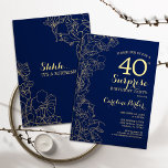 Floral Navy Gold Surprise 40e verjaardag Kaart<br><div class="desc">Florale marineblauw en gouden verrassing 40e verjaardag uitnodiging. Minimalistisch modern design met botanische accenten en lettertype typografie. Eenvoudige bloemige uitnodigingskaart perfect voor een stijlvol vrouw verrassingsfeest. Kan op elke leeftijd worden aangepast.</div>