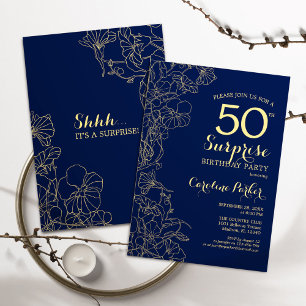 Floral Navy Gold Surprise 50e verjaardag Kaart