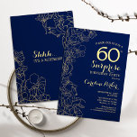 Floral Navy Gold Surprise 60e verjaardag Kaart<br><div class="desc">Florale marineblauw en gouden verrassing 60e verjaardag uitnodiging. Minimalistisch modern design met botanische accenten en lettertype typografie. Eenvoudige bloemige uitnodigingskaart perfect voor een stijlvol vrouw verrassingsfeest. Kan op elke leeftijd worden aangepast.</div>