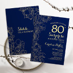 Floral Navy Gold Surprise 80th Birthday Party Kaart<br><div class="desc">Florale marineblauw en goud verrassen de uitnodiging van de 80ste verjaardag. Minimalistisch modern design met botanische accenten en lettertype typografie. Eenvoudige bloemige uitnodigingskaart perfect voor een stijlvol vrouw verrassingsfeest. Kan op elke leeftijd worden aangepast.</div>