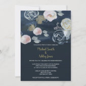 Floral Navy & Gold Wedding Invitation Kaart (Voorkant)