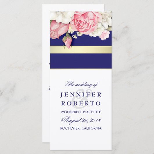 Floral  Navy Gold White Wedding Programma Programmakaart (Voorkant / Achterkant)