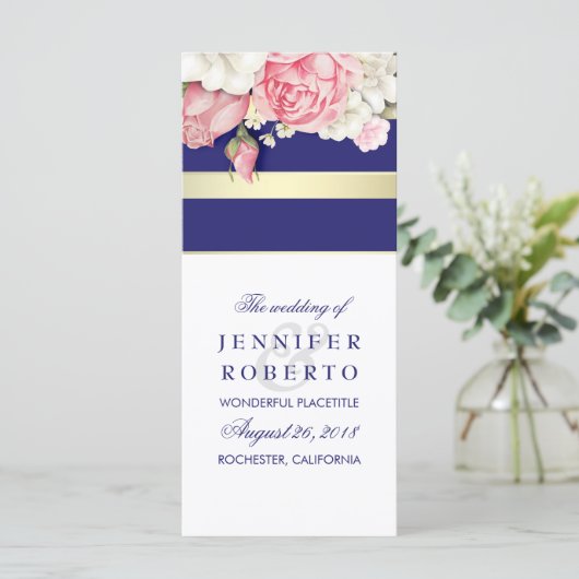 Floral  Navy Gold White Wedding Programma Programmakaart (Staand voorkant)