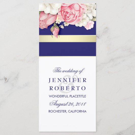 Floral  Navy Gold White Wedding Programma Programmakaart (Voorkant)