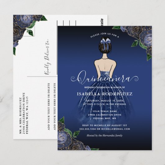 Floral Navy Princess Gold Birthday Quinceañera Briefkaart (Voorkant / Achterkant)