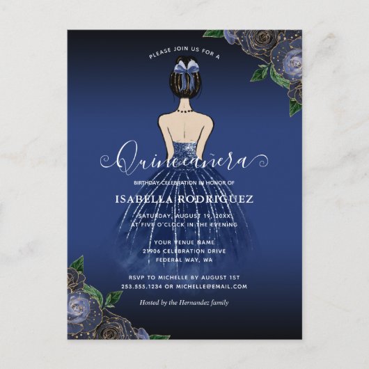 Floral Navy Princess Gold Birthday Quinceañera Briefkaart (Voorkant)