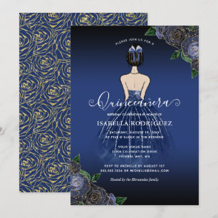 Floral Navy Princess Gold Birthday Quinceañera Kaart
