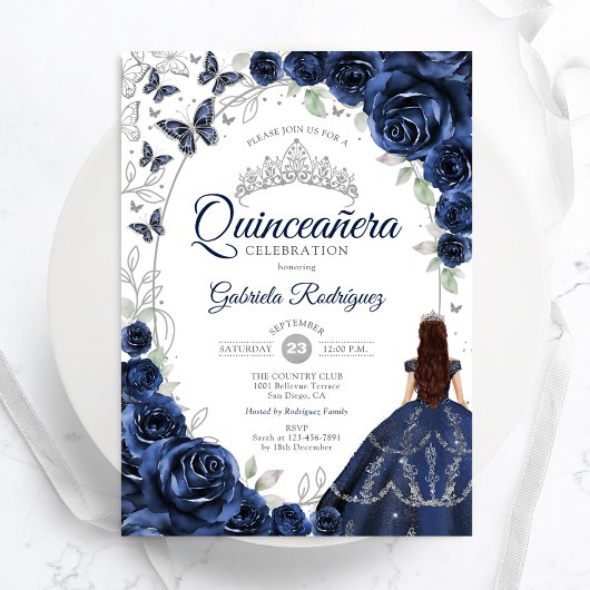 Floral Navy Silver Quinceanera Kaart