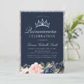 Floral Navy & Silver quinceanera-uitnodiging Kaart (Staand voorkant)