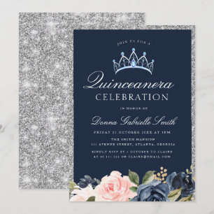 Floral Navy & Silver quinceanera-uitnodiging Kaart