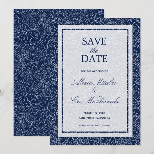 Floral Navy Wedding Save The Date (Voorkant / Achterkant)
