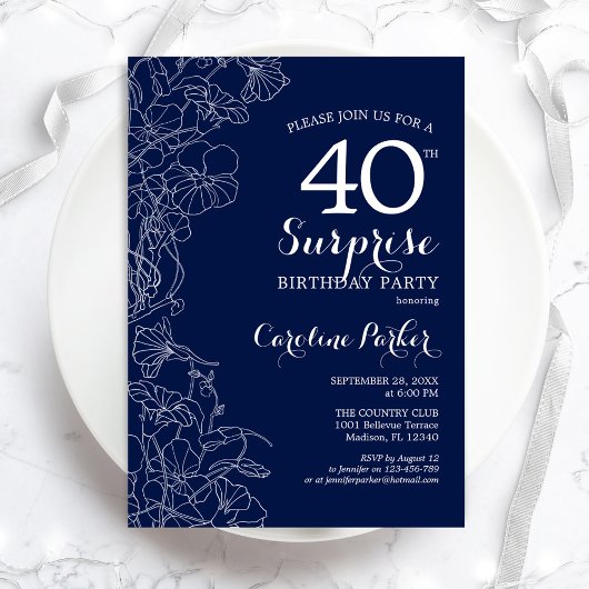 Floral Navy White Surprise 40th Birthday Party Kaart