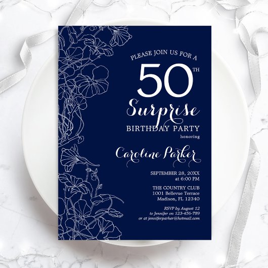 Floral Navy White Surprise 50th Birthday Party Kaart