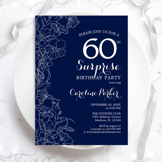 Floral Navy White Surprise 60th Birthday Party Kaart