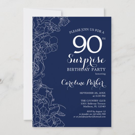 Floral Navy White Surprise 90th Birthday Party Kaart (Voorkant)