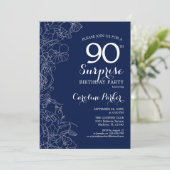 Floral Navy White Surprise 90th Birthday Party Kaart (Staand voorkant)