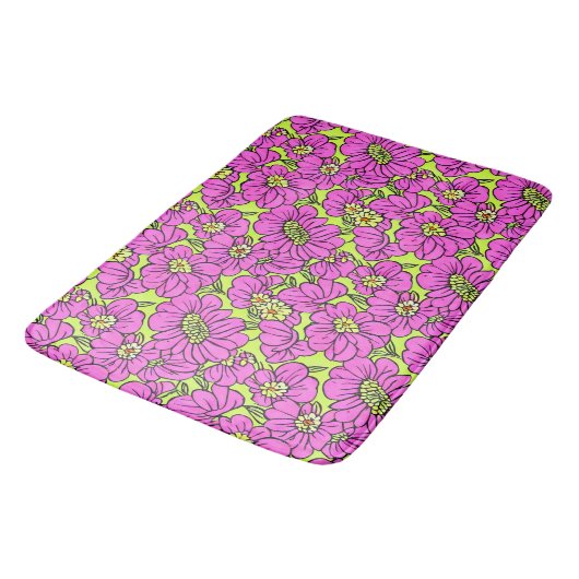 Floral Neon Pink and Yellow Daisies Pattern Badmat (Gekanteld)