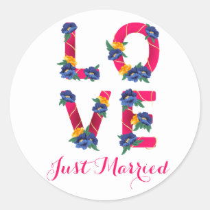 Floral net getrouwd roze liefde bloemen bruiloft ronde sticker