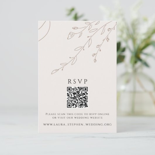 Floral neutraal RSVP Online QR Code Weddenschap We Kaart (Staand voorkant)