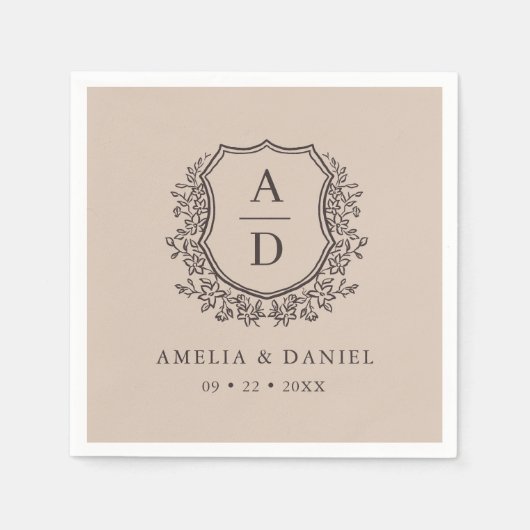 Floral Neutral Taupe Crest Wedding Monogram Servet (Voorkant)