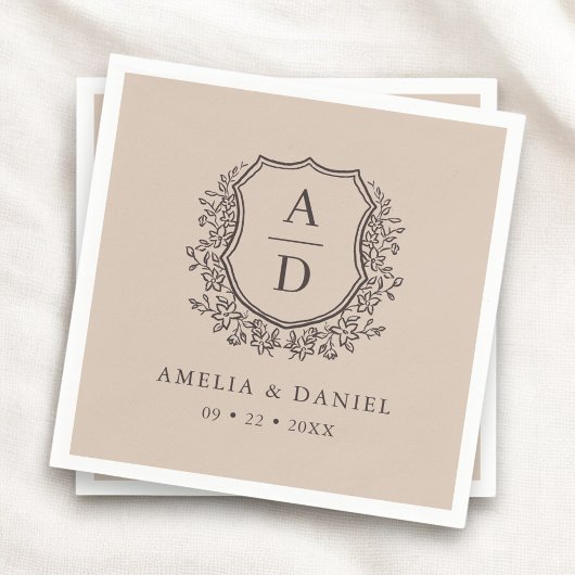 Floral Neutral Taupe Crest Wedding Monogram Servet