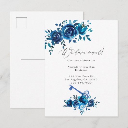 Floral nieuw adres Navy and White Waterverf Aankondigingskaart (Voorkant / Achterkant)