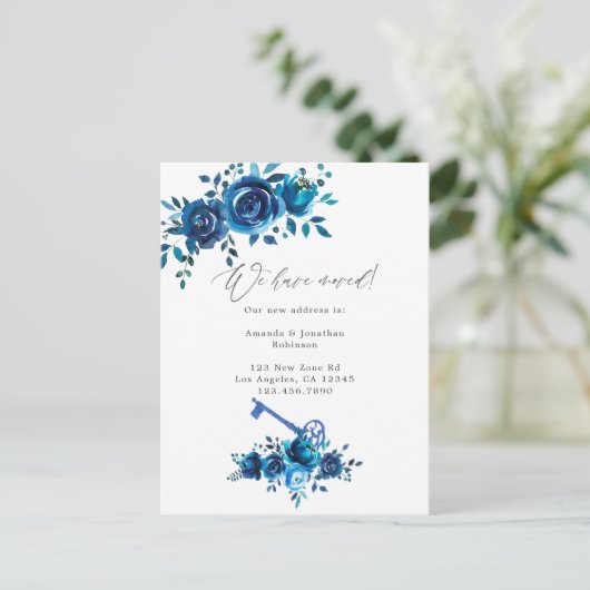 Floral nieuw adres Navy and White Waterverf Aankondigingskaart (Staand voorkant)