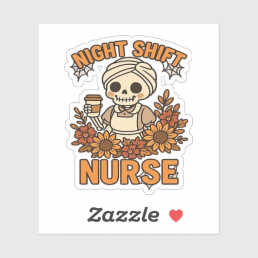 Floral Night Shift Nurse Skeleton Halloween RN Nur Sticker (Vel)
