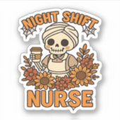 Floral Night Shift Nurse Skeleton Halloween RN Nur Sticker (Voorkant)