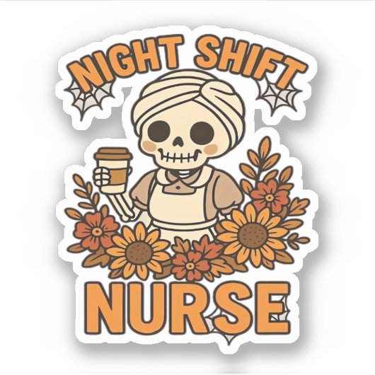 Floral Night Shift Nurse Skeleton Halloween RN Nur Sticker (Voorkant)