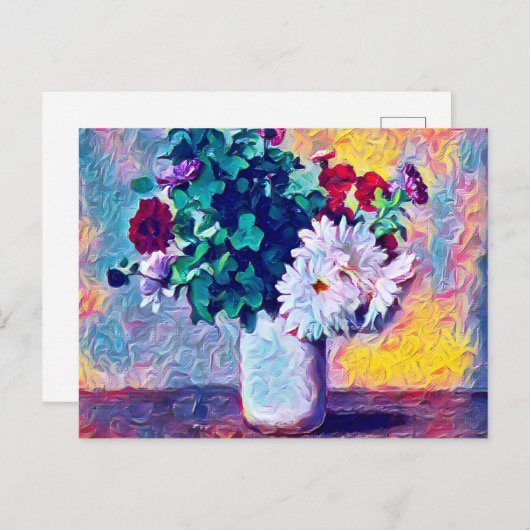 Floral nog leven, herfst chrysanthema in een wit briefkaart (Voorkant / Achterkant)