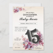 Floral Number 15 Rose Tones Quinceanera Invitation Kaart (Voorkant)