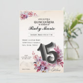 Floral Number 15 Rose Tones Quinceanera Invitation Kaart (Staand voorkant)