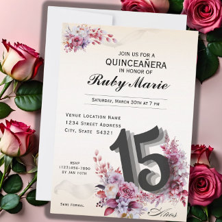 Floral Number 15 Rose Tones Quinceanera Invitation Kaart
