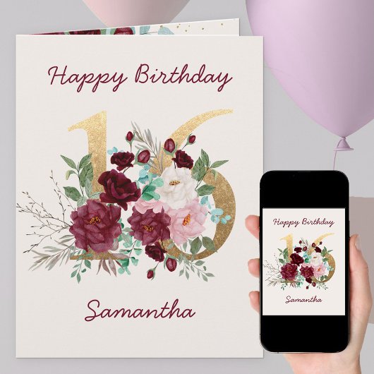 Floral Number 16 Personalized 16th Birthday Card Kaart