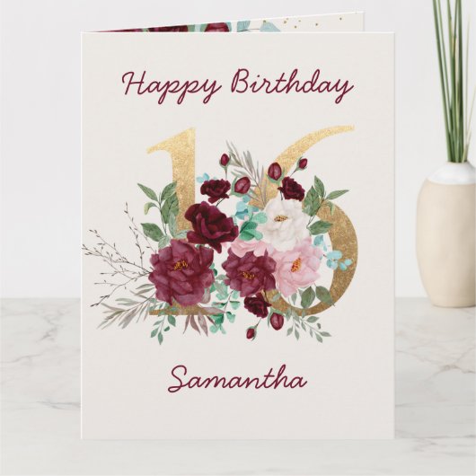 Floral Number 16 Personalized 16th Birthday Card Kaart (Voorkant)