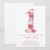 Floral Number 1-kaart; 1e verjaardag-uitnodigingen Kaart (Voorkant / Achterkant)