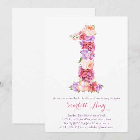 Floral Number 1-kaart; 1e verjaardag-uitnodigingen Kaart (Voorkant / Achterkant)