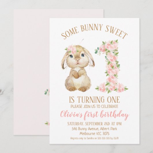Floral Number Bunny Rabbit 1st Birthday Invitation Kaart (Voorkant / Achterkant)
