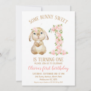 Floral Number Bunny Rabbit 1st Birthday Invitation Kaart