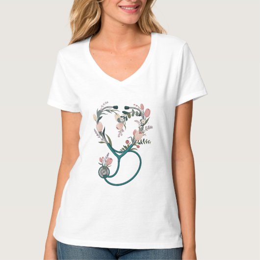 Floral Nurse Stethoscope T-Shirt – Soft Pastel  (Voorkant)