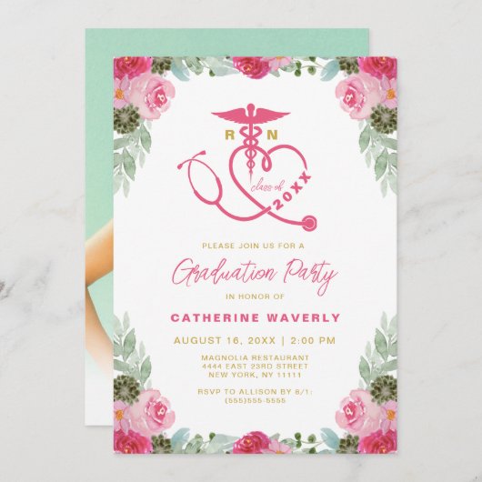 Floral Nursing School Afstuderen Kaart (Voorkant / Achterkant)