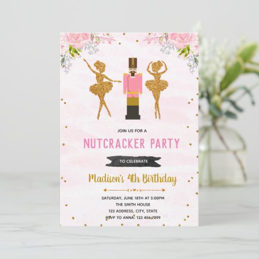 Floral nutcracker verjaardagsuitnodiging kaart (Staand voorkant)